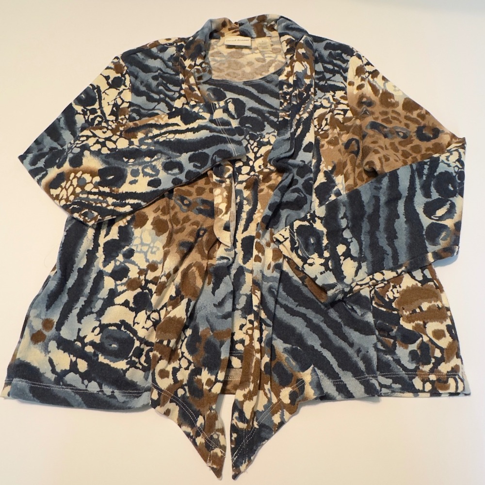 Alfred Dunner Layered Look Blue Brown Animal Print Cardigan Tank Y2K Large